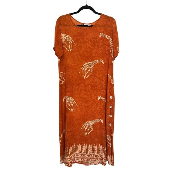 La Cera Giraffe Safari African Print Terra Cotta Midi Dress Pearl Button | M - Picture 1 of 6